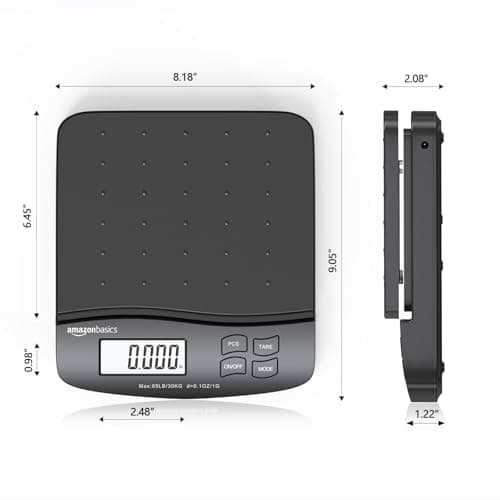 Amazon Basics Digital Postal Shipping Scale with Tare Function, AC Adapter, 65 lb Capacity, 0.1 oz Readability, LCD Display, Black