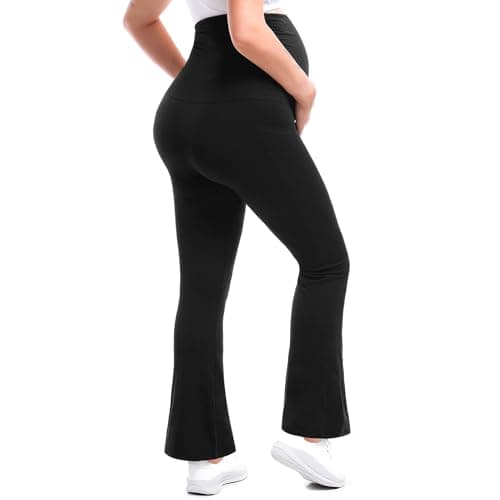 Leafigure Maternity Flare Leggings with Pockets Over The Belly Yoga Pants for Workout Soft Pregnancy Activewear Black L