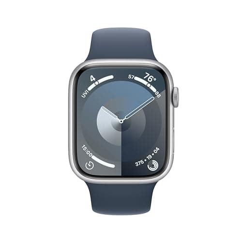 Apple Watch Series 9 [GPS 45mm] Silver Aluminum Case with Storm Blue Sport Band S/M (Renewed)