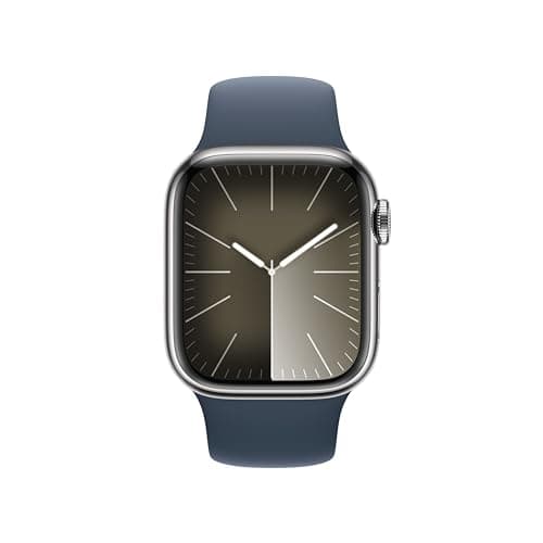 Apple Watch Series 9 [GPS + Cellular 41mm] Smartwatch with Silver Stainless Steel Case with Storm Blue Sport Band M/L. Fitness Tracker, Blood Oxygen & ECG Apps, Always-On Retina Display