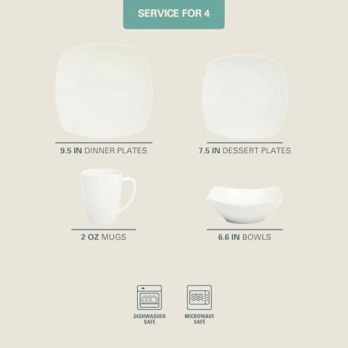 Gibson Home Zen Buffet White Porcelain Dinnerware Set for 4, Square Plates Bowls and Mugs, Chip and Scratch Resistant, Dishwasher and Microwave Safe, 16 Piece