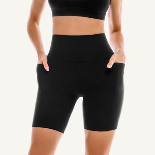 Leafigure 2 Pack Womens Biker Shorts with Pockets, High Waisted Tummy Control Yoga Shorts for Women Running Gym and Workout Black L-XL