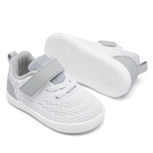 MORENDL Toddler Sneakers Baby Boys & Girls Barefoot Shoes Lightweight Breathable Walking Running Tennis Athletic Sport Shoes White Gray 12-15 Months Size 5