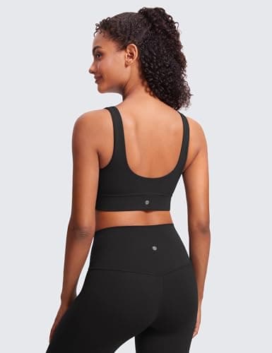 CRZ YOGA Butterluxe Womens U Back Sports Bra - Scoop Neck Padded Low Impact Yoga Clothes Workout Crop Top with Built in Pads Black Medium
