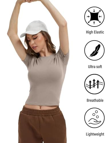 Dalavch 4 Pack Women's Workout Shirts Compression Short Sleeve Crew Neck Running Yoga Gym Athletic Fitted Crop T-Shirts Top 1 Black 1 White 1 Blue 1 Khaki Medium