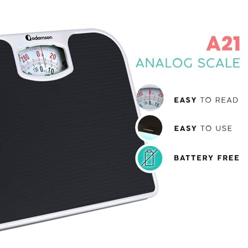 Adamson A21 Analog Scales for Body Weight - Up to 300 LB - New - Anti-Skid Rubber Surface + Large Numbers - Analog Bathroom Scale - Affordable - Durable with 20-Year Assurance - Black