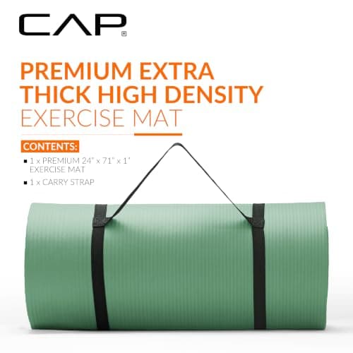 CAP Barbell Yoga Mat 1" Thick with Carrying Strap - High Density Exercise Mat for Yoga, Pilates, Stretching, Floor & Fitness Workouts - 74''x24''x1 | Sage Green
