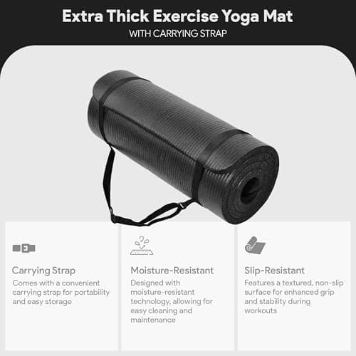 BalanceFrom GoCloud 71x24 Inches Extra Thick Yoga Mat 1-Inch High-Density Foam – Roll-Up Exercise Pad with Double-Sided Non-Slip Surface and Carrying Strap for Pilates and Home Workouts