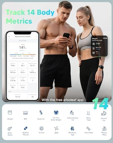 Arboleaf Smart Scale with BMI, Body Fat, Muscle Mass, Digital Bathroom Scale for Body Weight, 14 Body Composition Metrics, Large LED Display, Accurate Weighing Machine, App Sync, 400lbs, 10.2"