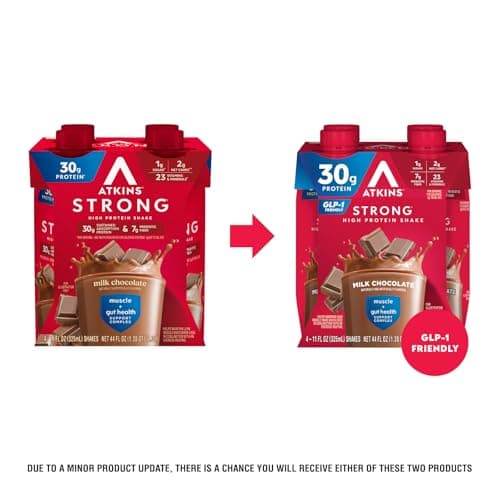 Atkins Strong High Protein Shake, Milk Chocolate, 30g Protein, 7g Prebiotic Fiber, 1g Sugar, GLP-1 Support, Muscle & Gut Health Support Complex, 12 Count