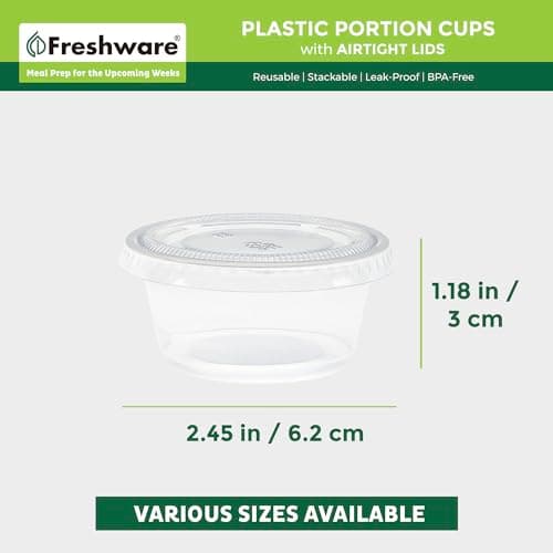 Freshware Plastic Portion Cups with Lids [2 Ounce, 200 Sets] Disposable Plastic Cups for Meal Prep, Salad Dressing, Jellos Shot Cups, Souffle Cups, Condiment and Dipping Sauce Cups
