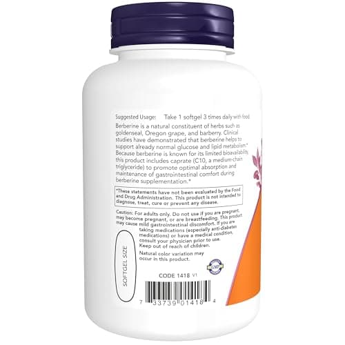 NOW Foods Supplements, Berberine Glucose Support, Combined with MCT Oil for Optimal Berberine Absorption, 90 Softgels