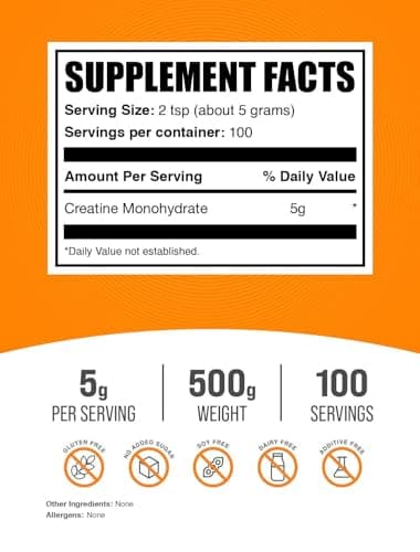 BulkSupplements.com Creatine Monohydrate Powder - Micronized Creatine Powder, Unflavored - Pure & Gluten Free, 5g per Serving, 500g (1.1 lbs) (Pack of 1)