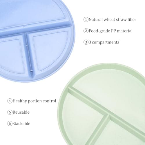 LYHLYA 9-Inch Unbreakable Divided Plates, 8-Pack Microwave & Dishwasher Safe Wheat Straw Plates, BPA-Free, 3-Compartment Portion Control Plates, Durable Dinnerware