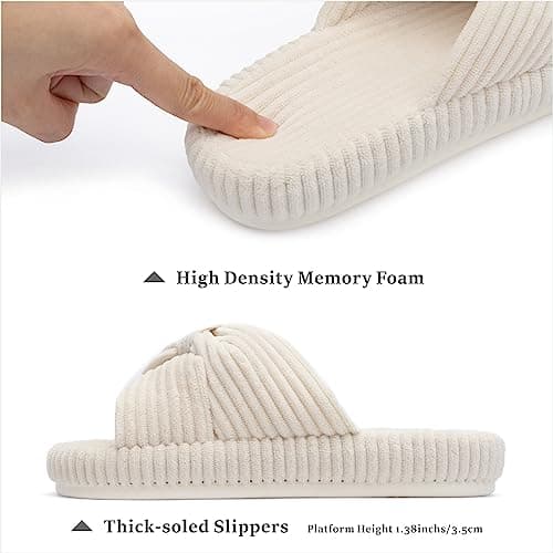 Chantomoo Slippers for Women Memory Foam House Bedroom Corduroy Bow Crossbands Slipper Shoes Comfy Trendy Gift Slippers Beige Size 7 8 6.5