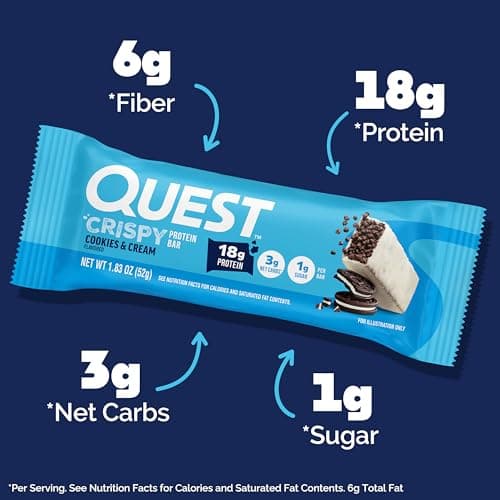 Quest Nutrition Crispy Cookies & Cream Hero Protein Bar, 18g Protein, 1g Sugar, 3g Net Carb, Gluten Free, Protein Snack, Keto Friendly, 12 Count