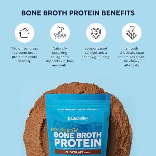 Paleovalley 100% Grass Fed Beef Bone Broth Protein Powder - Rich in Collagen Peptides for Hair, Skin, Gut Health, Bone and Joint Support - 13g Protein Per Serving - No Gluten or GMOs - Chocolate
