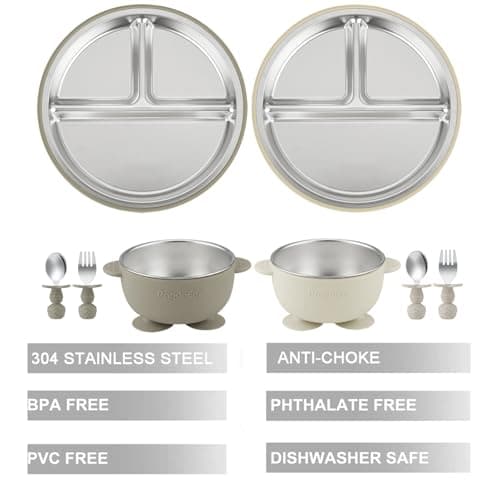 PandaEar 8PCS Baby Feeding Set | Stainless Steel Suction Plates and Bowls with Silicone Fork and Spoon Utensils | Baby Led Weaning Tableware for Toddlers & Kids (Tan & Walnut)