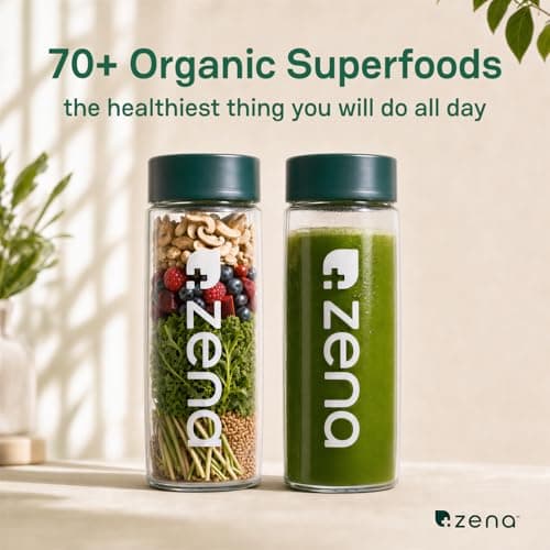 Zena Nutrition Organic Super Greens Powder, 70+ Superfoods, 0 Sugar, 3G Fiber, Spirulina, Chlorella, Antioxidants, Prebiotics/Probiotics, Digestive Enzymes, Mixed Berry, 30 Servings