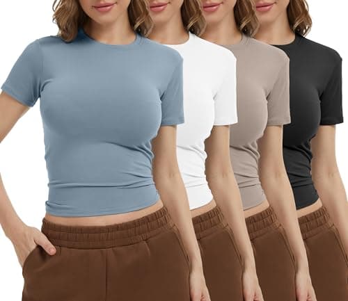 Dalavch 4 Pack Women's Workout Shirts Compression Short Sleeve Crew Neck Running Yoga Gym Athletic Fitted Crop T-Shirts Top 1 Black 1 White 1 Blue 1 Khaki Medium