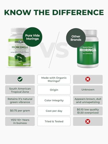 PURA VIDA MORINGA Organic Moringa Capsules, Pure Moringa Leaf Powder Single Origin for Energy, Metabolism & Immune Support, 120ct, 500mg Caps