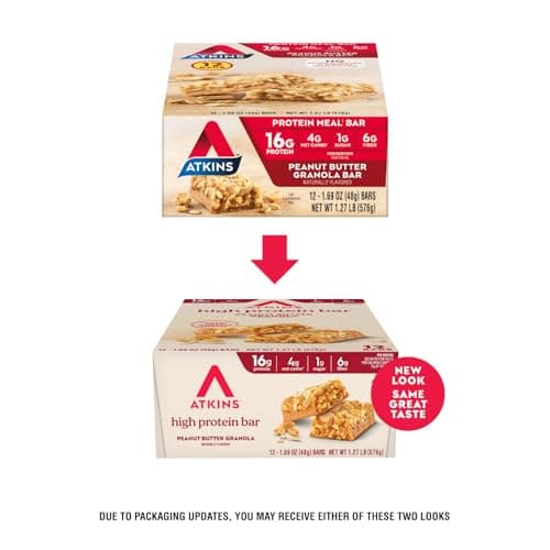 Atkins Peanut Butter Granola High Protein Bar, High Fiber Snack , 16g Protein, 1g Sugar, 4g Net Carb, Protein Snack, 12 Count