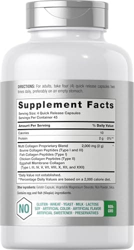 Horbäach Multi Collagen Protein 2000 mg | 180 Capsules | Hydrolyzed Collagen Type I, II, III, V, X | Keto & Paleo Friendly, Non-GMO, Gluten Free Supplement