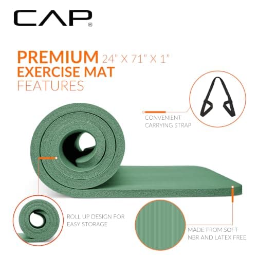 CAP Barbell Yoga Mat 1" Thick with Carrying Strap - High Density Exercise Mat for Yoga, Pilates, Stretching, Floor & Fitness Workouts - 74''x24''x1 | Sage Green