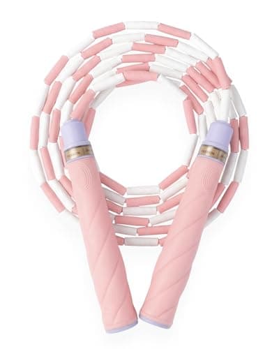 YUEDONG Adjustable ULTRA-SOFT Beaded Jump Rope for Kids Beginners - Tangle-Free Skipping Rope with Marshmallow-Soft TPU Beads, Ergonomic Thumb Groove Anti-Slip Handles, Crisp Rhythmic Click Sound & Waterproof Name Tag Sticker for Safe Fun Exercise (1, PINK, Beaded)