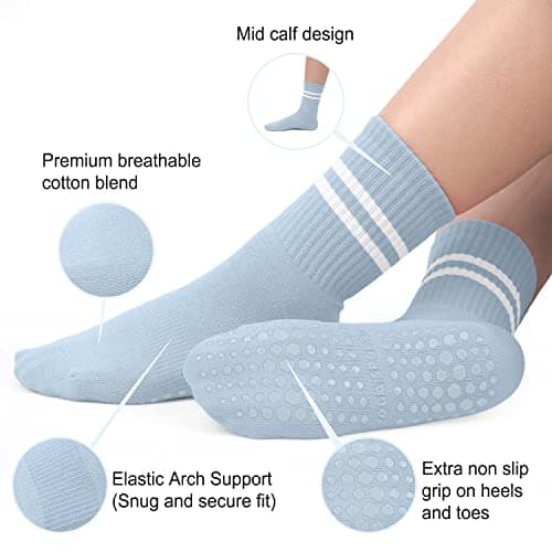 BLONGW Pilates Socks with Grips for Women, Non-Slip Yoga Athletic Socks for Barre Barefoot Workout Hospital (US, Alpha, Small, Medium, Regular, Regular, 3 Blue/White/Gray/Black- 4 Pairs)