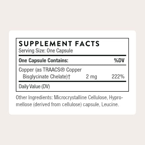 THORNE - Copper Bisglycinate - Optimally Absorbed, Mineral Chelate Copper Supplement - Supports Bone, Blood Vessel, Heart, Nerve & Skin Health* - Third-Party Certified - Gluten-Free - 60 Capsules