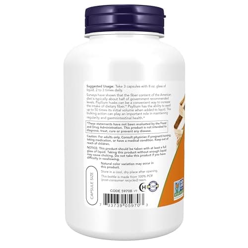 NOW Foods Supplements, Psyllium Husk Caps 500 mg, Non-GMO Project Verified, Natural Soluble Fiber, Intestinal Health*, 200 Veg Capsules