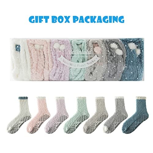 Bulinlulu Fuzzy Socks With Grips Mothers Gifts for Women,7 Pairs Non Slip Hospital Sleep Warm Fluffy Non-Skid Thick Slipper Socks with Grippers (Blue/Dark Grey/Brown/Purple/Pink/Green/White)