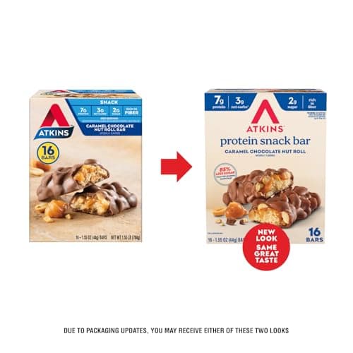 Atkins Caramel Chocolate Nut Roll Snack Bar, Protein Snack , 7g Protein, 2g Sugar, High Fiber Snack, 16 Count