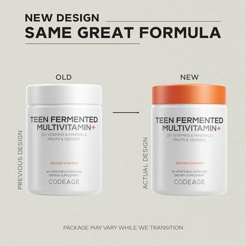 Codeage Teen Multivitamin Supplement – Daily Vitamins and Minerals for Teen Boys and Girls – Organic Whole Food Formula with Omega-3 and Vitamins A to K - 60 Capsules