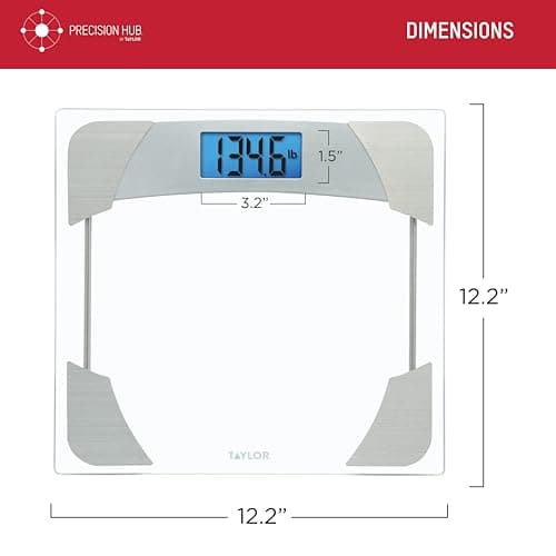 Taylor Digital Scales for Body Weight, 400 LB Capacity, Unique Blue LCD, Stainless Steel Accents, Glass Platform, 12.2 x 12.2 Inches, Clear