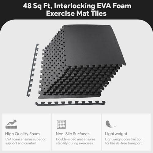 BalanceFrom Puzzle Exercise Mat 1/2' Thick, EVA Interlocking Foam Floor Tiles for Home Gym, Mat for Home Workout Equipment, Floor Padding for Kids, Black, 24 in x 24 in x 1/2 in, 48 Sq Ft - 12 Tiles