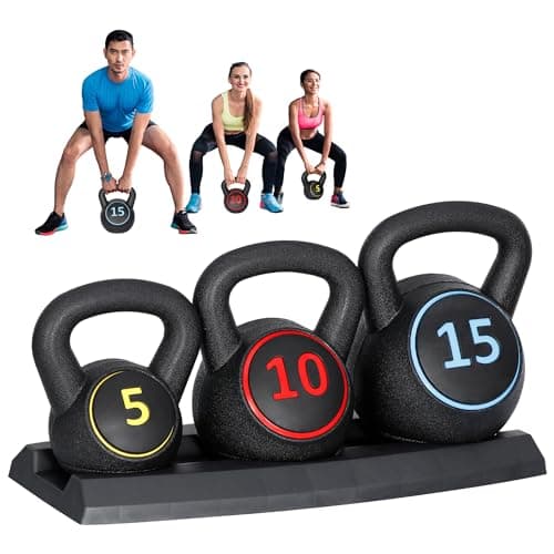 ZENY 3-Piece Kettlebell Set with Storage Rack Heavy Duty Concrete 5 lb 10 lb 15 lb Kettle Bells for Weightlifting, 30 lb Kettlebell Strength Training Kettlebells, Home Gym Equipment