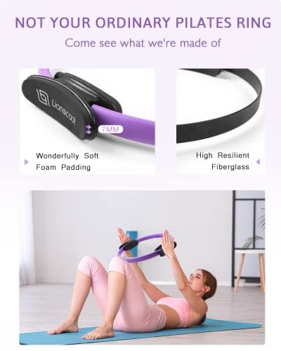 LIONSCOOL Pilates Ring Set (Purple) - 14" Anti-Deformation Magic Circle with Padded Handles, 9" Mini Ball, Elastic Latex Resistance Bands, Guide & Bag