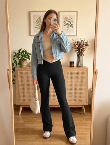 DLOODA Women's Flare Leggings with Pockets-Crossover High Waisted Bootcut Yoga Pants-Tummy Control Bell Bottom Leggings Black