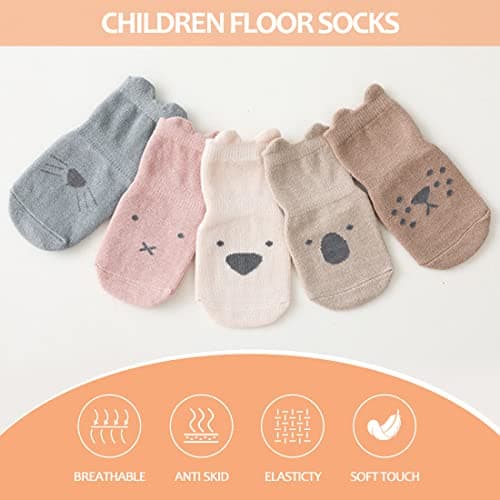 TRUEHAN 5 Pairs Toddler Non Slip Socks with Grips Baby Socks for Kids Girls Boys （5 Pairs Animal A，1-3 years）