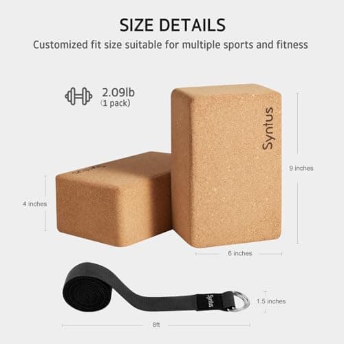 Syntus Yoga Block and Strap Set, 2 Natural Cork Soft Non-Slip Blocks 9×6×4 inches, 8FT Metal D-Ring Strap for Yoga, General Fitness, Pilates, Stretching and Toning