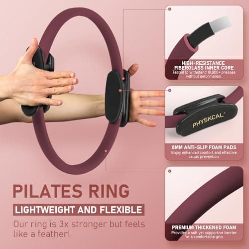 PhysKcal Pilates Ring Set, 15-Inch Pilates Circle with 1x Core Ball, 3X Resistant Loop and 2X Flex Band, Home Pilates on Mat Essential Kit (Plum)