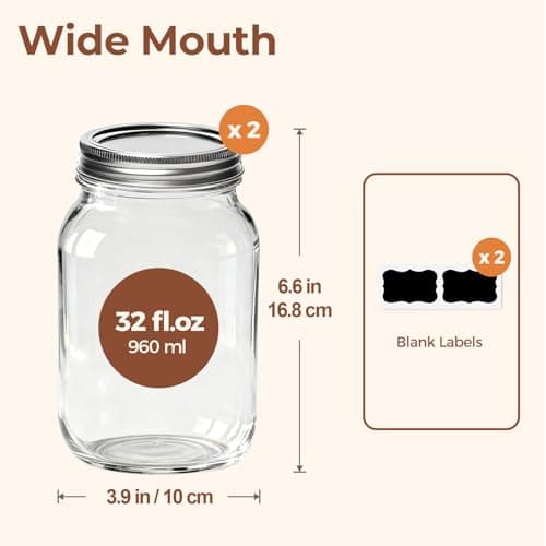 ComSaf Wide Mouth Mason Jars 32 oz with Lids 2 Pcs, Quart Mason Jars with Seal Band, Large Glass Jars, Large Canning Containers for Pickles, Jams, Sauces, Salsa, Sourdough, Salad, Suntea, Food Storage