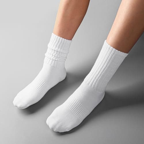COZYOFFI Womens Scrunch Crew Socks: Retro Solid Slouch Mid Calf Socks - Cotton Casual Athletic Socks White