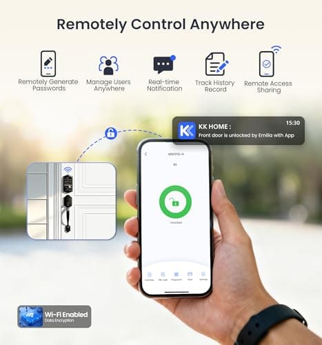 Veise VE017G-H Wi-Fi Smart Fingerprint Front Door Lock Set, Remote App Control, Keyless Entry Deadbolt with Handle, Backlit Keypad, IP55 Weatherproof, Auto Lock, Easy to Install, Matte Black