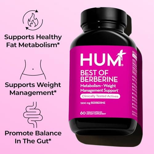 HUM Best of Berberine Supplement 1200mg, Pure Potency for Metabolic Wellness, Gut Health, Pure Berberine Supplements Enhanced with BioPerine for Maximum Absorption, 60 Capsules