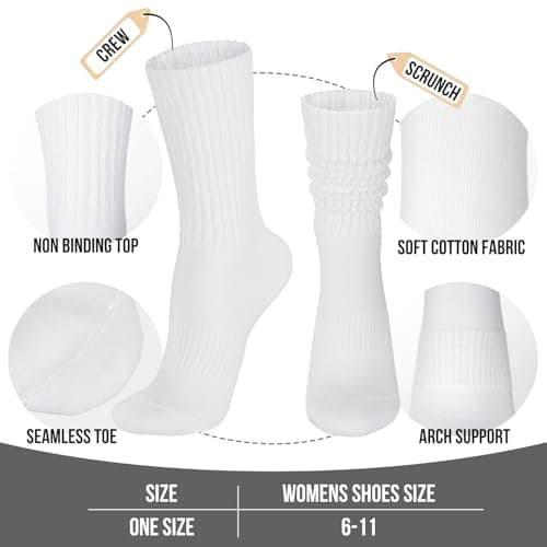 COZYOFFI Womens Scrunch Crew Socks: Retro Solid Slouch Mid Calf Socks - Cotton Casual Athletic Socks White