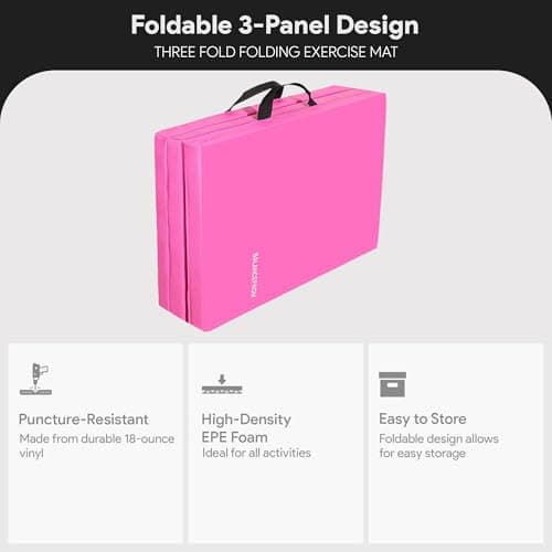 BalanceFrom 6x2 Feet 3-Panel Folding Gymnastics Mat – 2-Inch Thick Pad with Vinyl Surface and Carrying Handles for Tumbling, Yoga, Pilates, Home Workouts, and Martial Arts