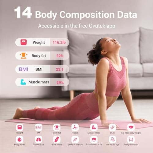 Ovutek Smart Scale for Body Weight, Digital Bathroom Scale BMI Weighing Body Fat Scale, Accurate Body Composition Scale Monitor for People's Health with Smartphone App, Compact Size, 400lb (Pink)